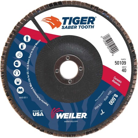 Weiler 7" Tiger Ceramic Abrasive Flap Disc, Angled (TY29), 40C, 7/8" 50109